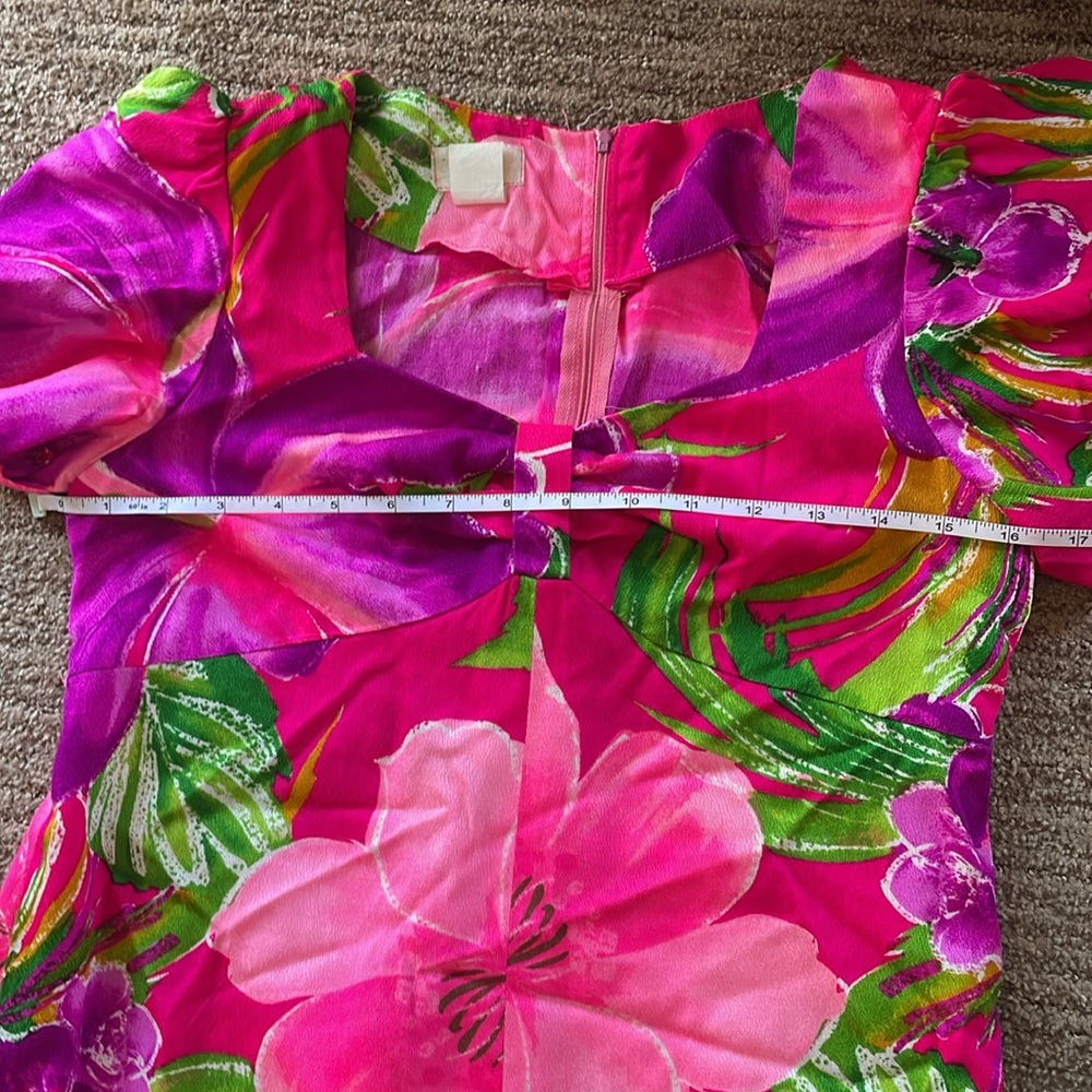 Vtg 60's Pink Magenta Floral Barkcloth Empire Waist Muumuu Dress Tie Back - XS - Picture 7 of 9